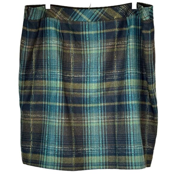 j. jill Wool Blend Tartan Plaid Womens 18 Button Front Blue Green Skirt Academia - Picture 2 of 9